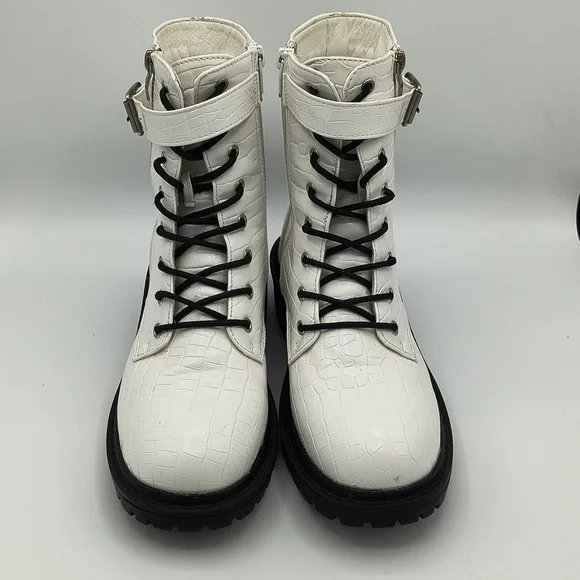 White Croc Embossed Combat Boots - Picture 5 of 7